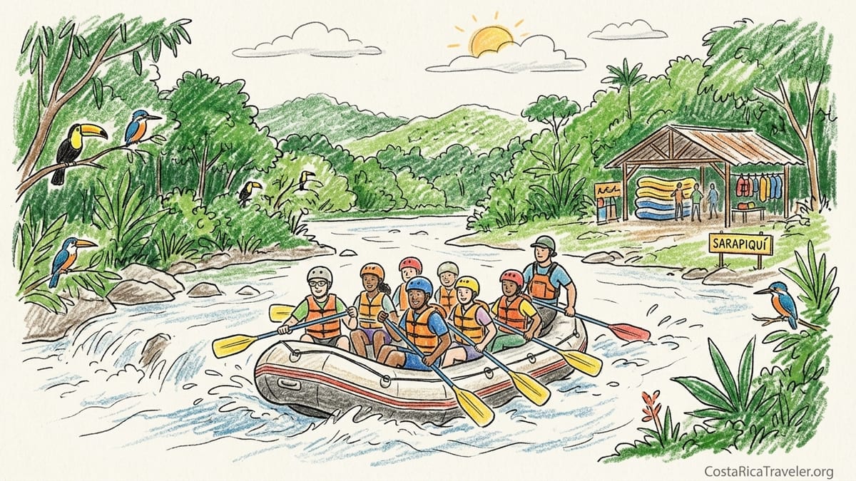 Rafters in helmets paddle through gentle white-water on Costa Rica’s lush Sarapiquí River.