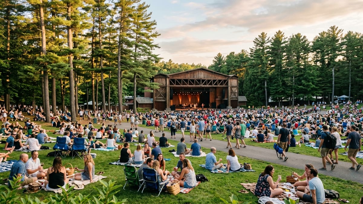 Summer crowd on the lawn at Saratoga Performing Arts Center at golden hour.