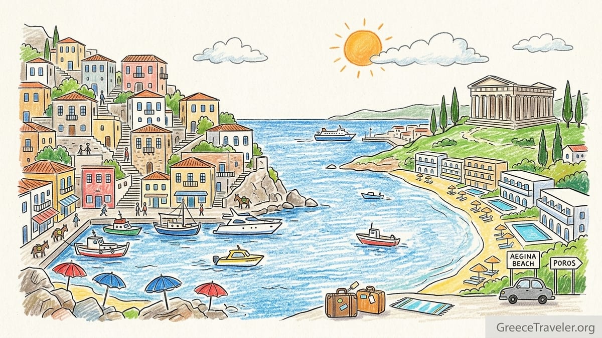 Harborfront hotels and stone mansions along a calm Saronic island bay at golden hour.