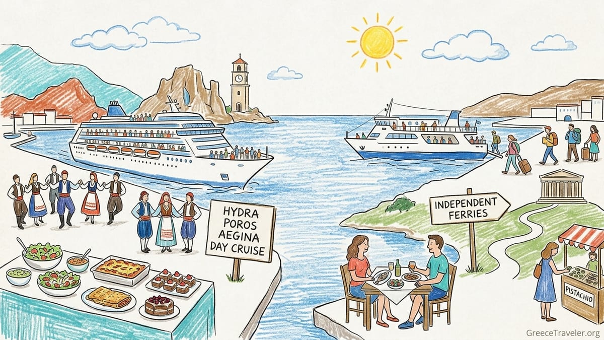 Passengers on a day-cruise ship approach Hydra’s stone harbor in the Saronic Gulf near Athens.
