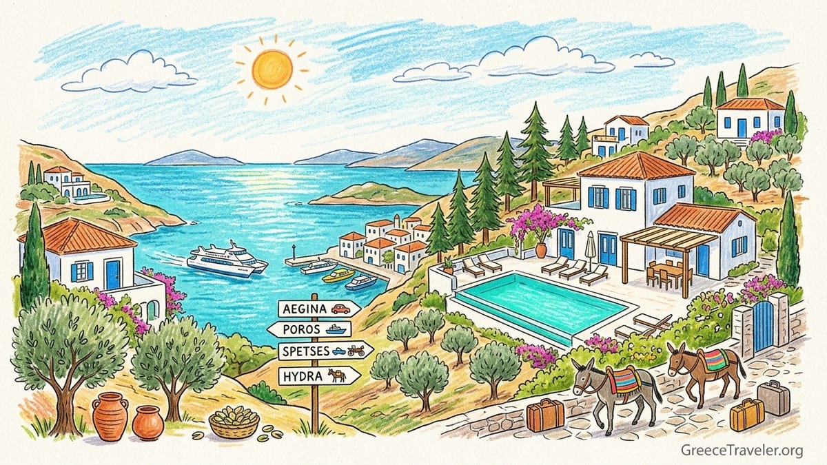 Private pool villa overlooking the Saronic Gulf with stone terrace and sea views at sunset.