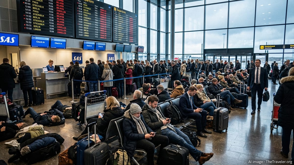 Crowded Copenhagen Airport hall with stranded SAS passengers and delayed flights on screens.