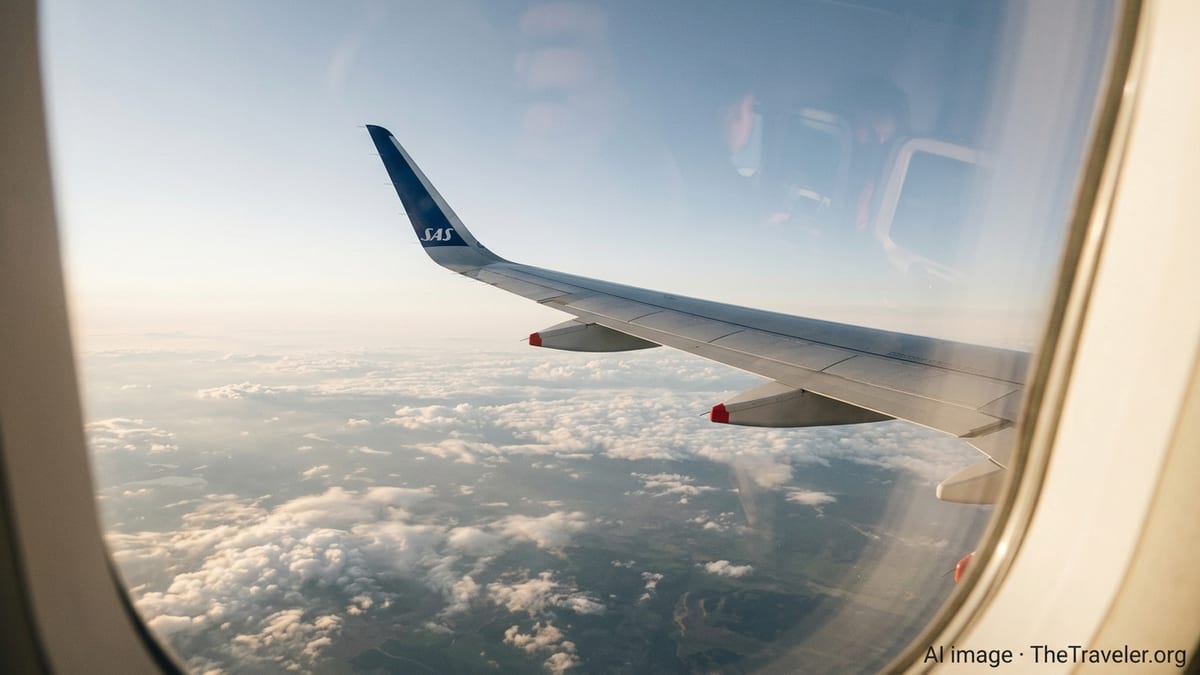 View from a SAS aircraft window showing wingtip over clouds in soft afternoon light.