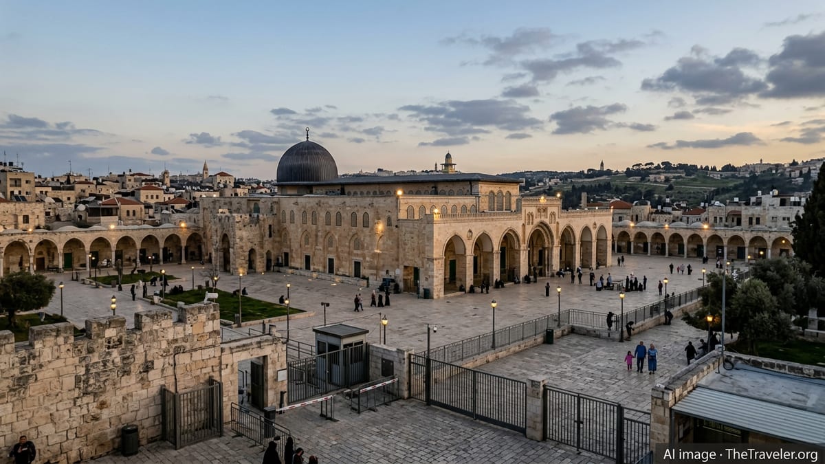 Subdued Ramadan evening at Jerusalem’s Al-Aqsa Mosque with sparse worshippers and closed gates.