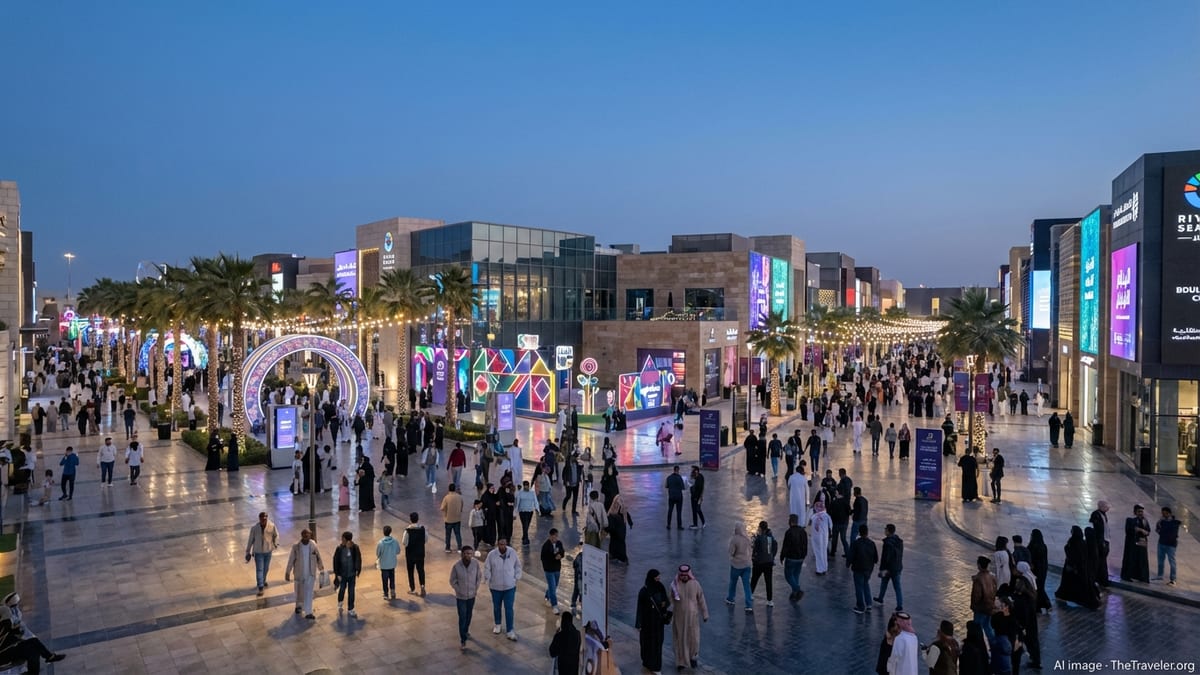 Winter evening crowd at Riyadh festival zone under colorful lights in cool weather