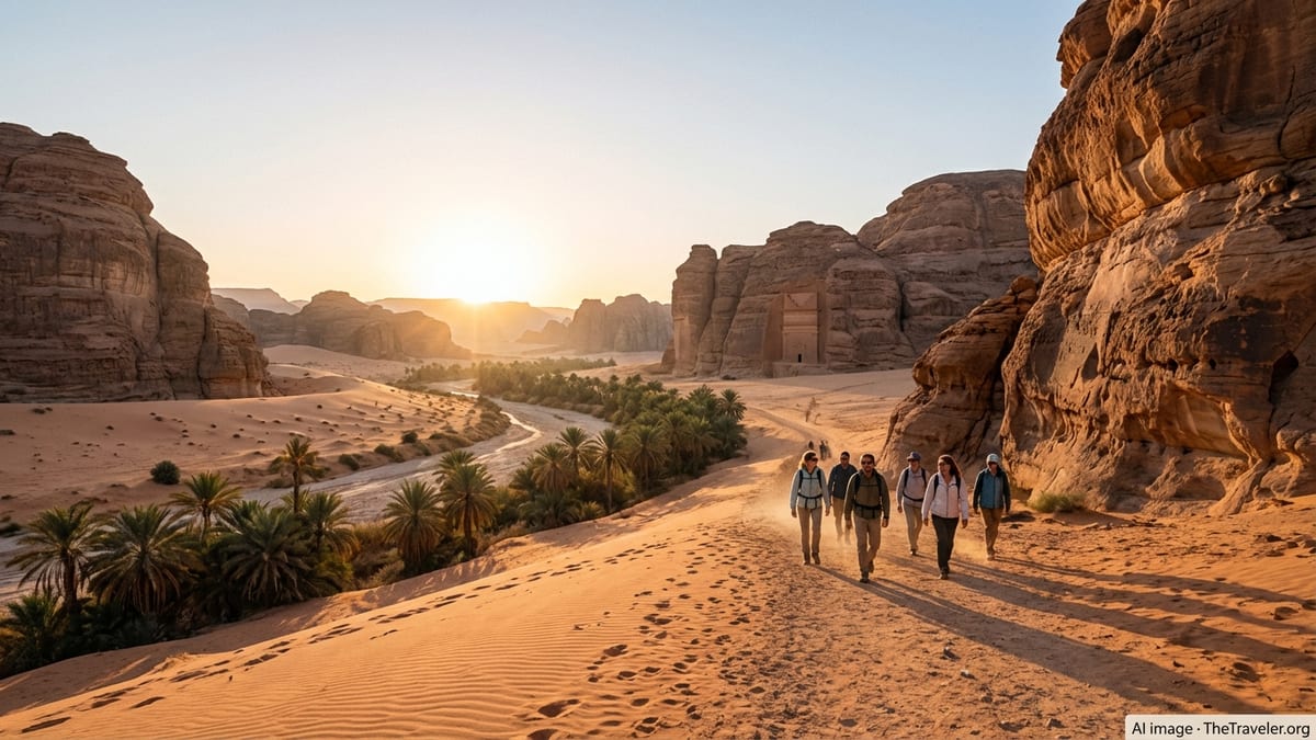 Travelers walking through AlUla’s sandstone valley at sunrise in Saudi Arabia.