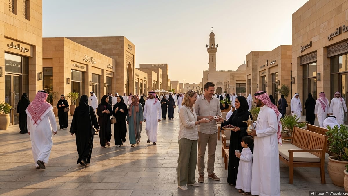 Visitors and locals interact in a modern Saudi plaza, dressed modestly and sharing Arabic coffee at sunset.