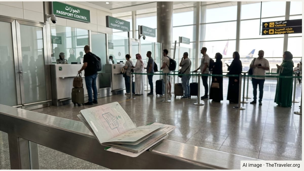 Travelers queue at Saudi immigration control in a bright modern airport arrivals hall.