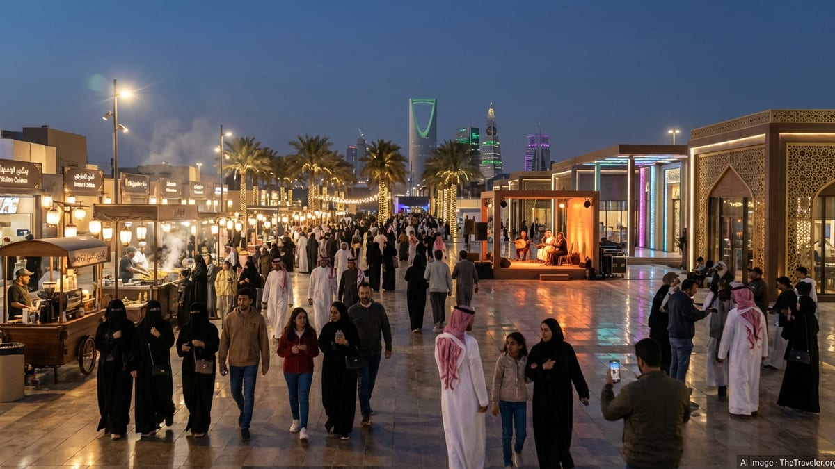 Crowds enjoying an evening festival along an illuminated outdoor boulevard in Riyadh, Saudi Arabia.