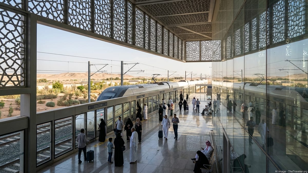 Passengers boarding a Haramain high speed train at a modern Saudi station in soft afternoon light.