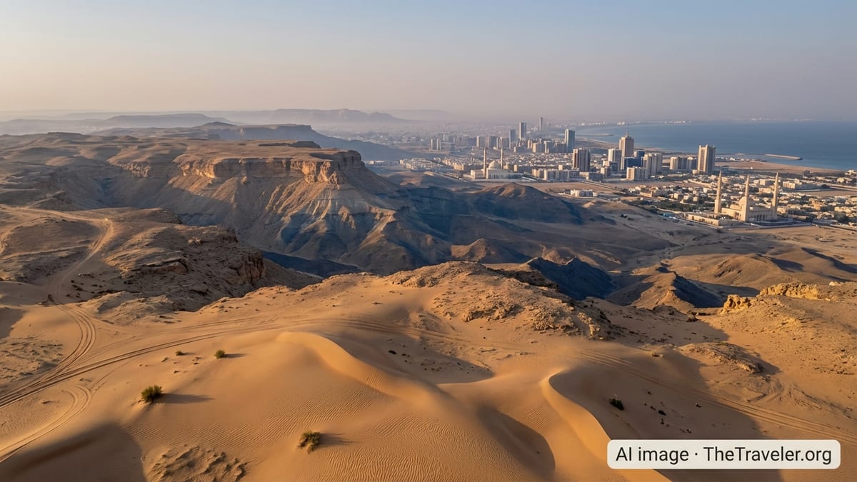 Aerial view of Saudi desert dunes, rocky plateau and distant coastal city at sunset.