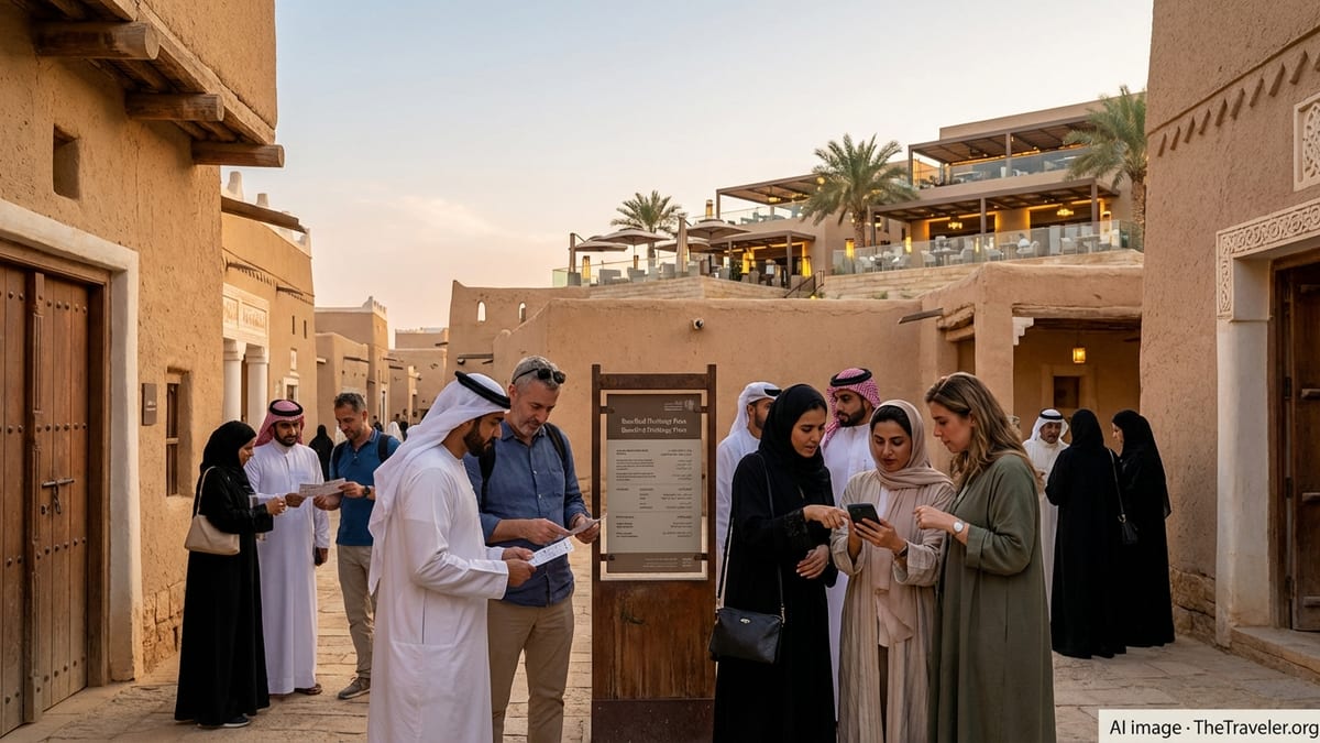 Tourists using tickets at At Turaif in Diriyah at sunset with historic mud-brick walls.