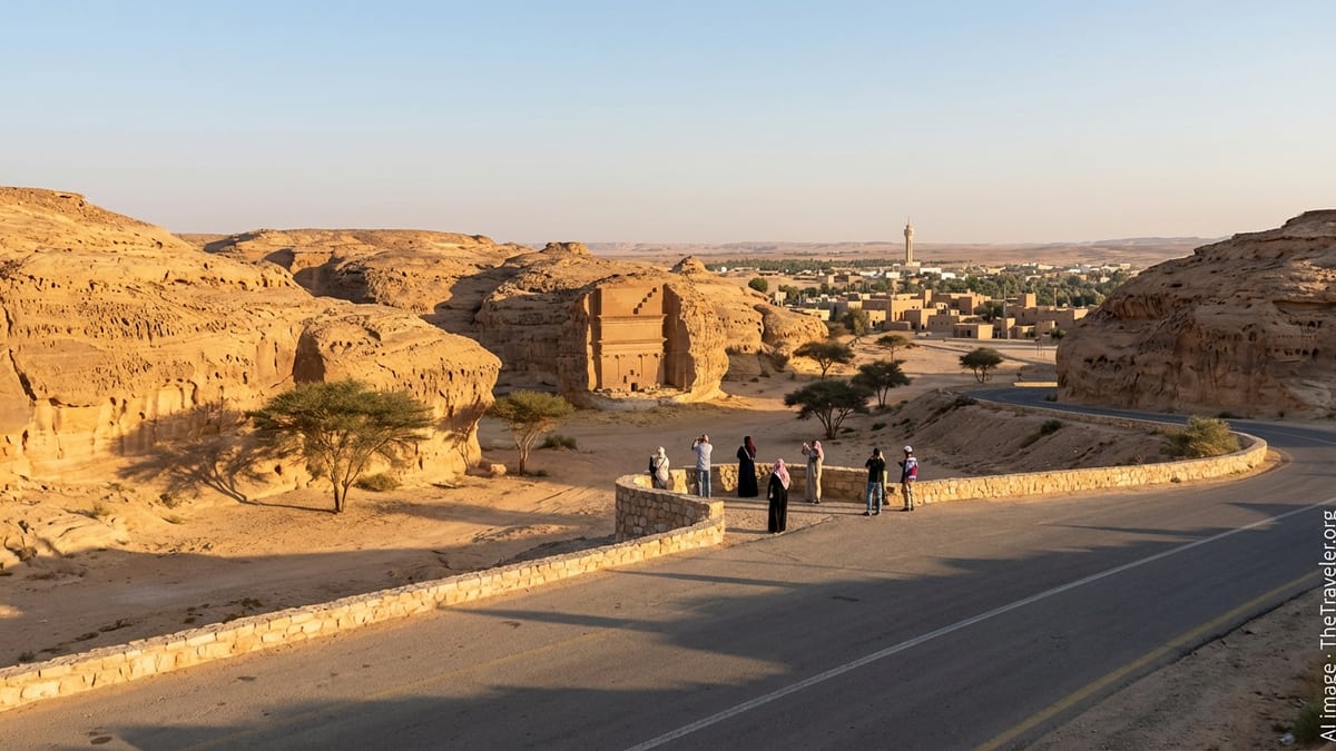 Saudi desert valley at dawn with sandstone cliffs, rock-cut tomb, and travelers on a roadside lookout.