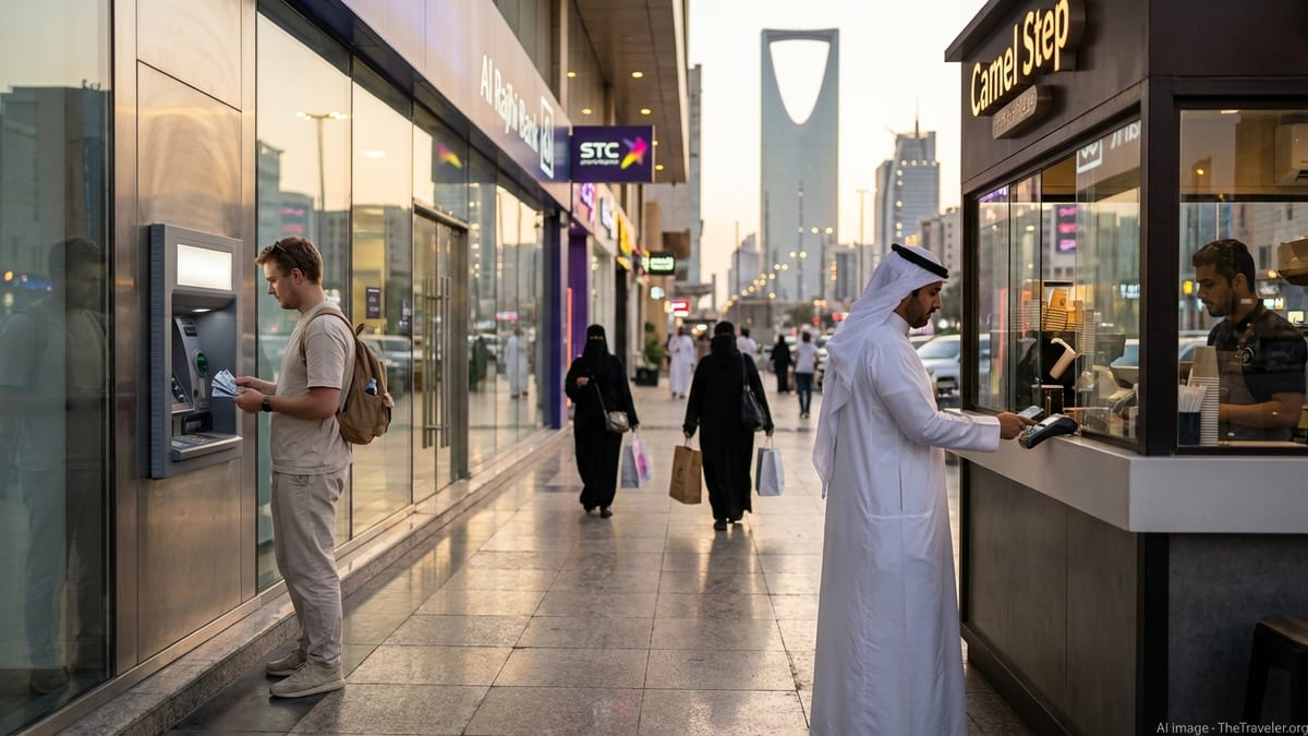 Traveler using an ATM in central Riyadh as locals pay by phone at a nearby café.