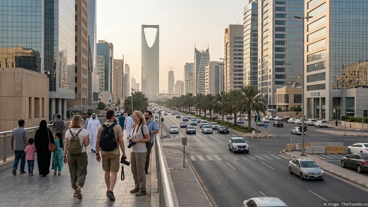 Tourists walking along a Riyadh city walkway at sunset with modern towers and traffic below.