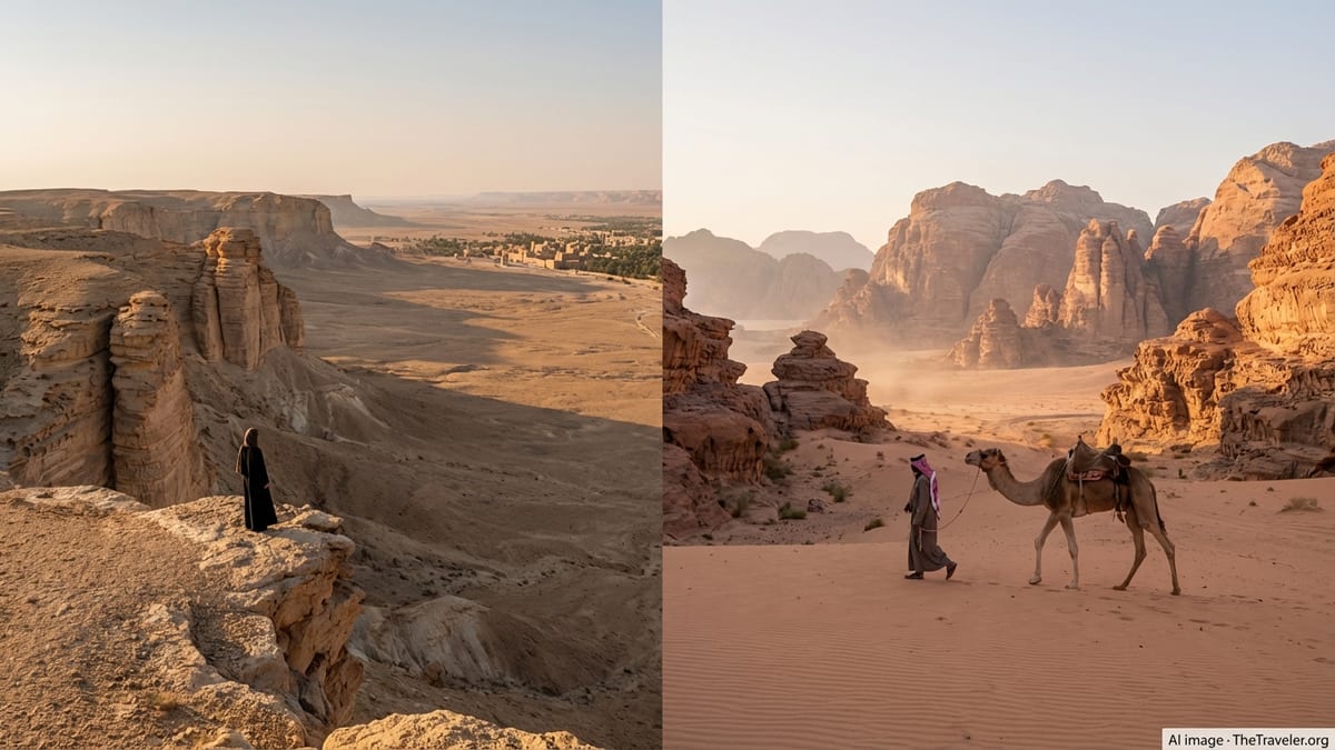 Golden hour desert cliffs and dunes evoking Saudi Arabia and Jordan with a lone traveler and Bedouin guide.