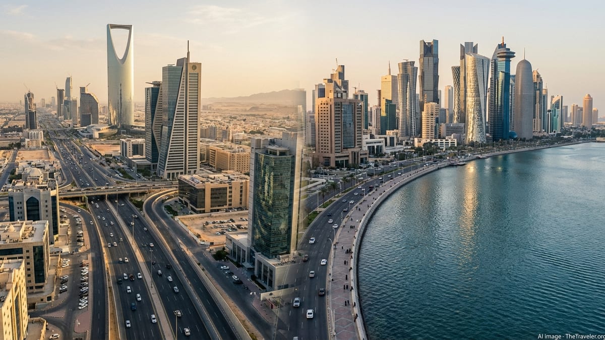 Panoramic skyline view combining Riyadh and Doha at sunset with highways and waterfront.