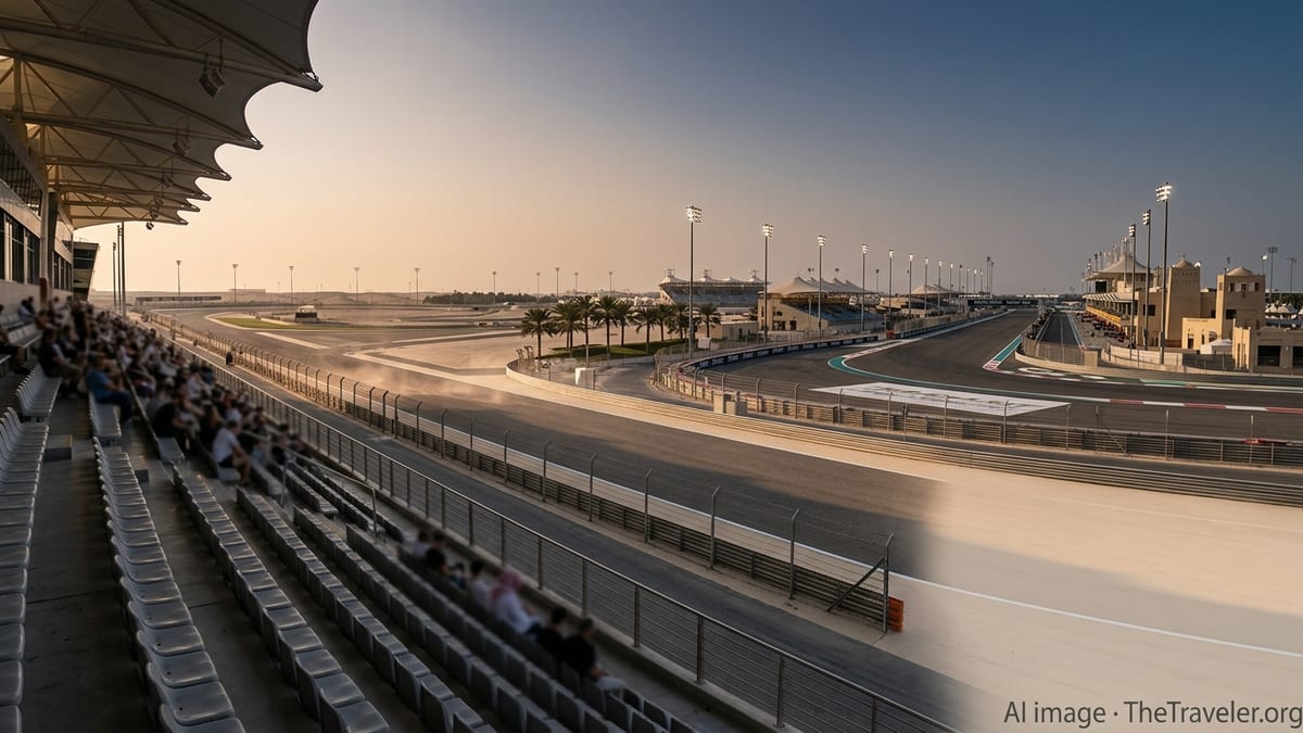 Panoramic view of modern Gulf Formula 1 circuits at dusk with quiet grandstands.