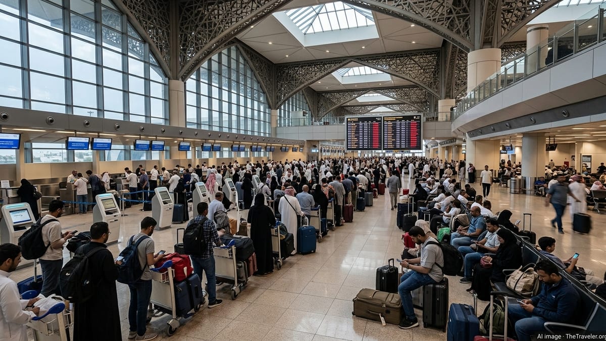 Crowded Saudi airport departure hall with passengers waiting amid delayed and cancelled flights.