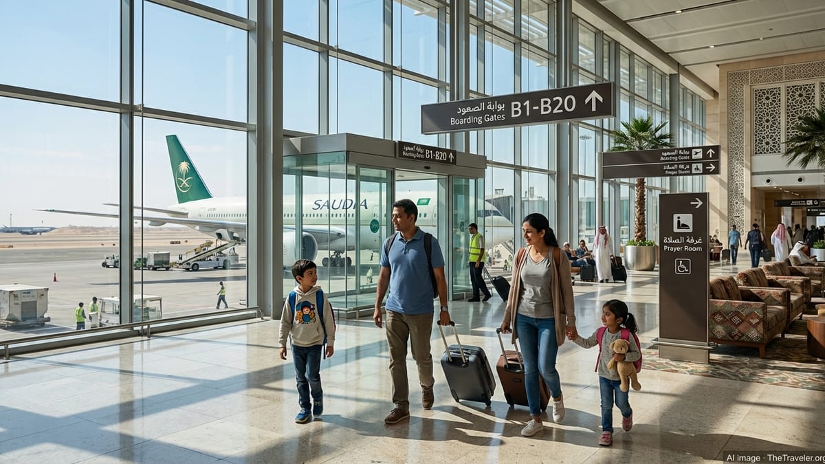 Family of four walks through a Saudi airport terminal toward a Saudia jet during a daylight stopover.