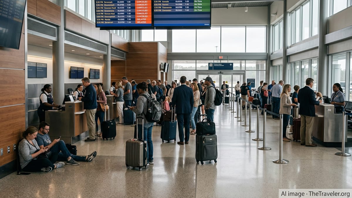Passengers at Savannah airport check-in area watching departure boards showing multiple canceled flights.