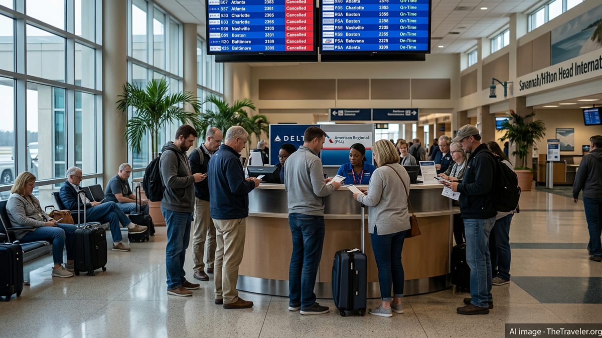 Travelers queue at airline counters in Savannah airport as multiple flights show cancelled on the departures board.