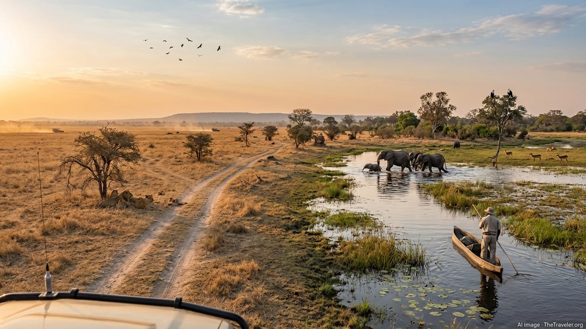 Late afternoon view contrasting Botswana's Savuti and Khwai landscapes, featuring wildlife and local guide.