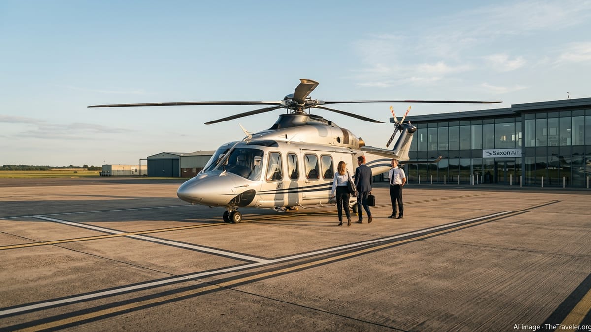 Agusta AW139 helicopter in executive livery on the apron at Norwich Airport at sunset.