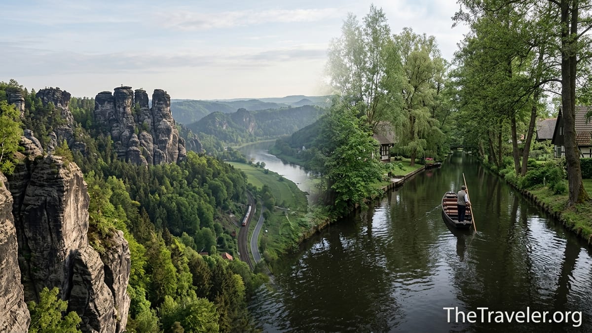 Sandstone cliffs of Saxon Switzerland beside calm forested canals of the Spreewald in eastern Germany.