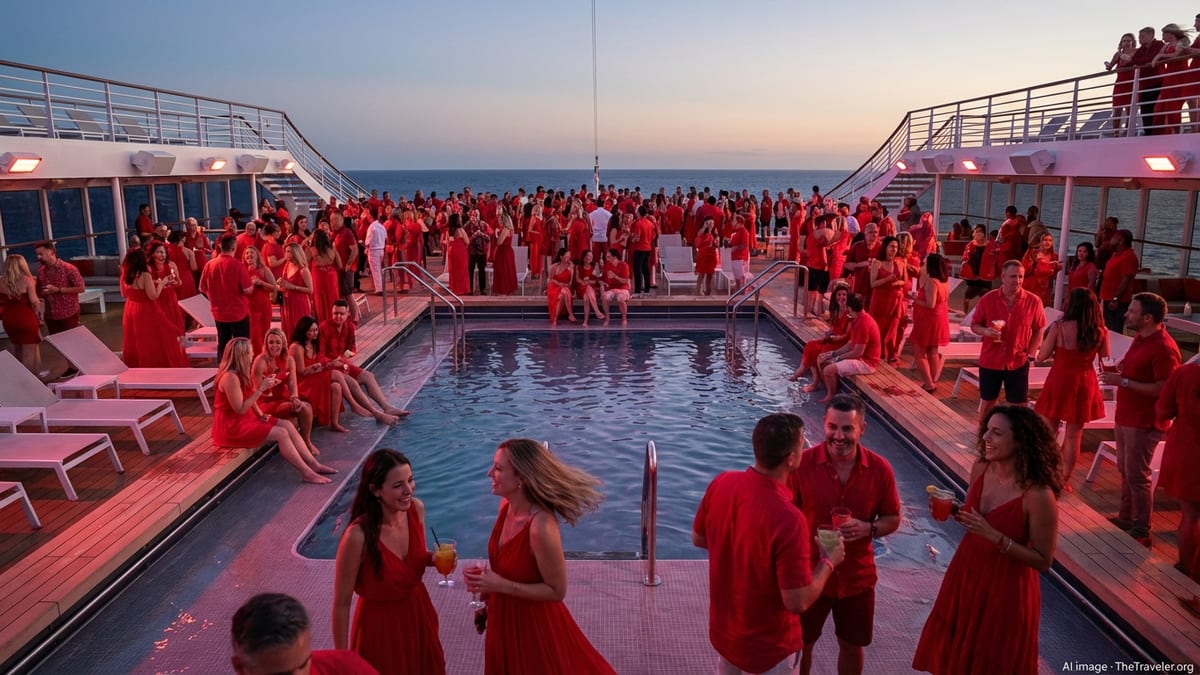 Crowded Scarlet Night party on a Virgin Voyages pool deck glowing in red light at dusk.