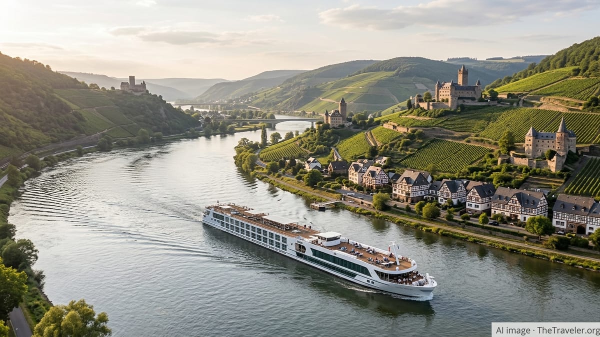 Scenic river cruise ship sailing past vineyards and a medieval village on a bend of the Rhine River at sunset.