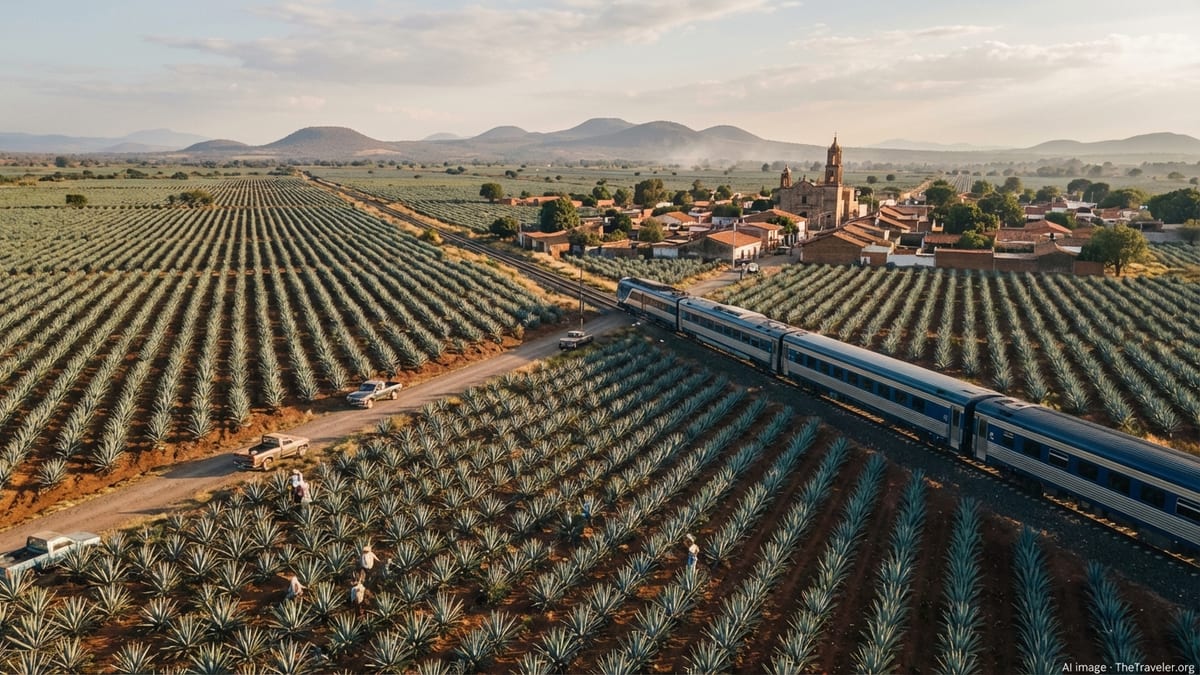 Passenger train passing through blue agave fields near a village in Jalisco, Mexico