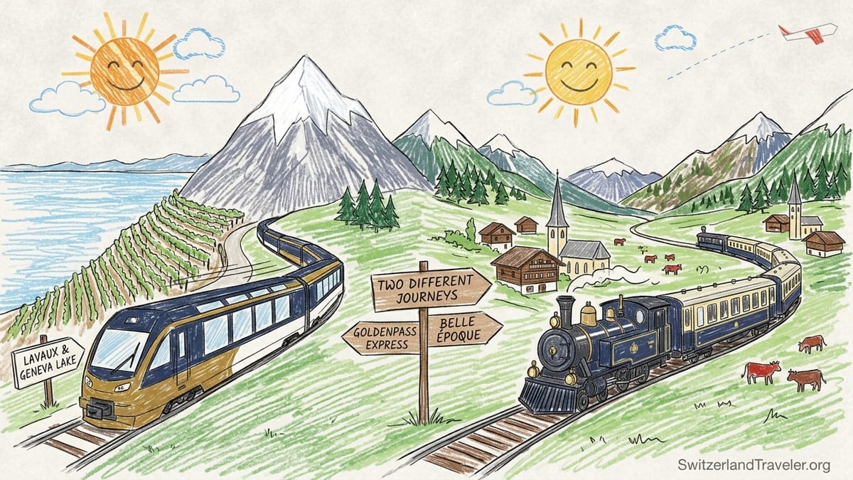 Swiss train passing through Lavaux vineyards above Lake Geneva on a sunny day