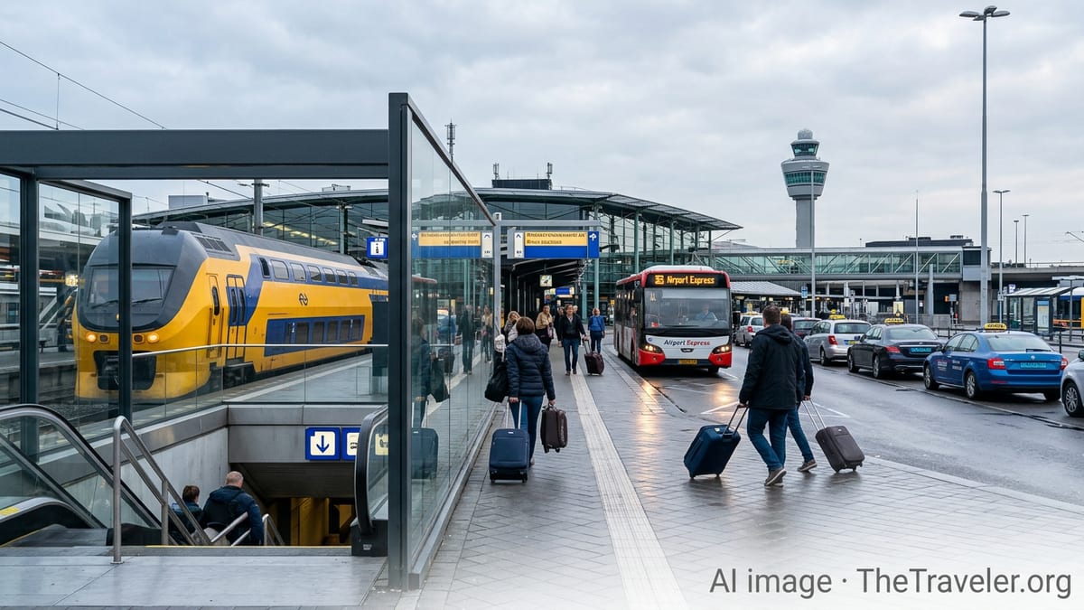 Travelers at Schiphol Airport choosing between train, bus and taxi into Amsterdam.
