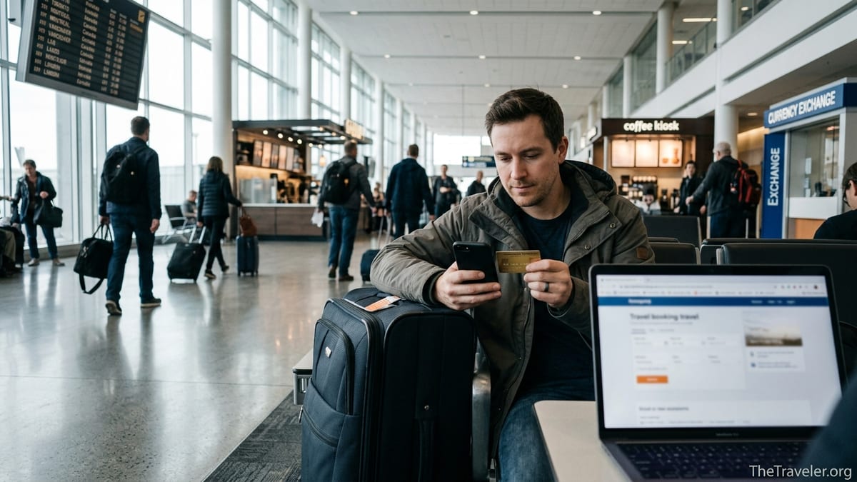 Traveler at Canadian airport holding a gold credit card while planning a trip on laptop.