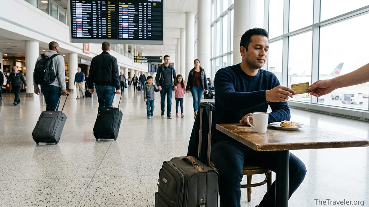 Traveler paying with a gold credit card at an airport café with luggage nearby.