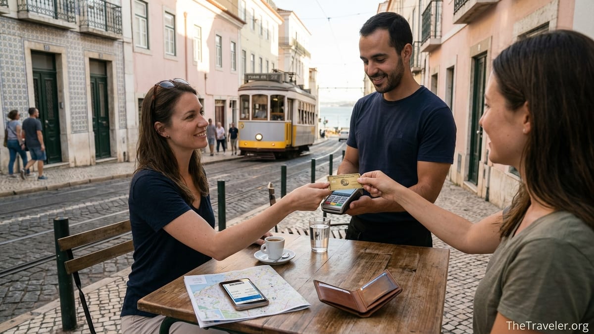 Traveler paying with a Scotiabank Gold American Express at a Lisbon café terrace