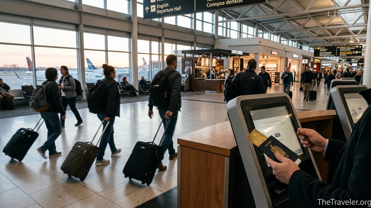 Traveler holding a gold credit card and passport at a busy Canadian airport departure hall.