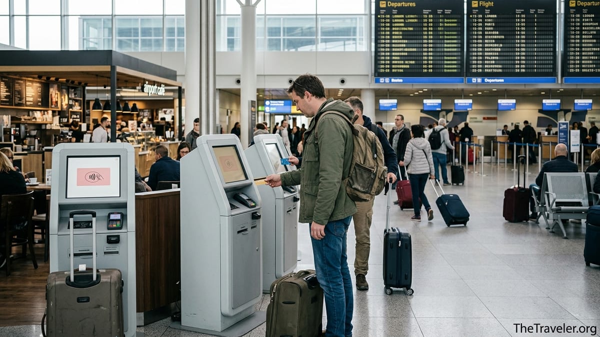 Traveler holding a gold credit card at an airport kiosk as a payment error appears.