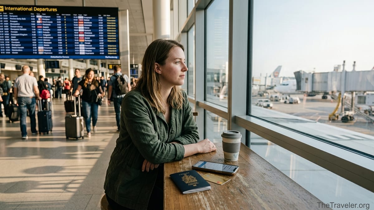 Traveler at airport café with passport, phone and credit card before international flight.