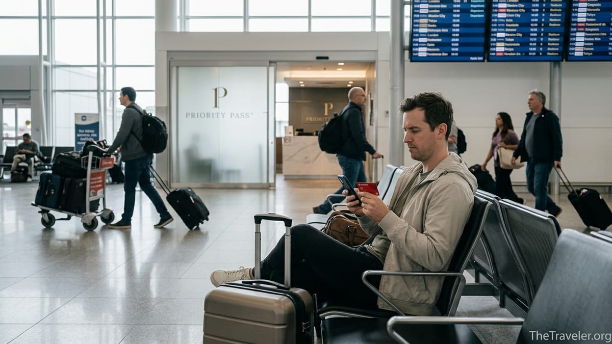 Traveler at airport checking a Scotiabank credit card on their phone near a lounge entrance