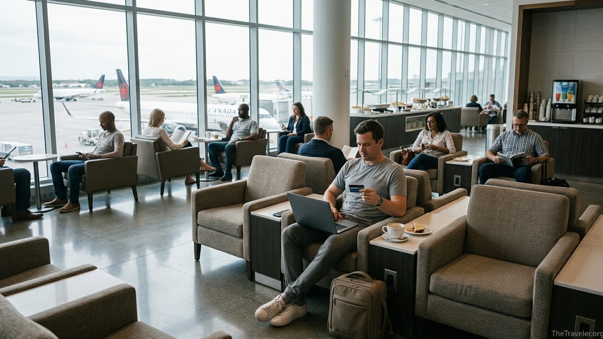 Traveler in an airport lounge holding a credit card with planes visible outside large windows.