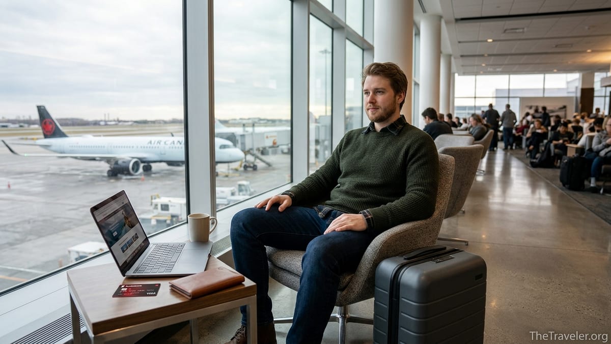 Traveler using a Scotiabank Visa card in an airport lounge overlooking the tarmac.