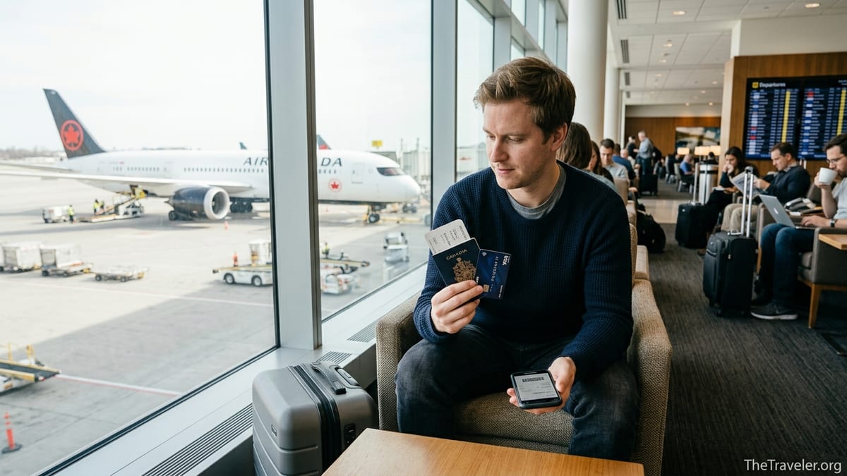 Traveler holding a Scotiabank Passport Visa Infinite card in an airport lounge with a plane outside the window.