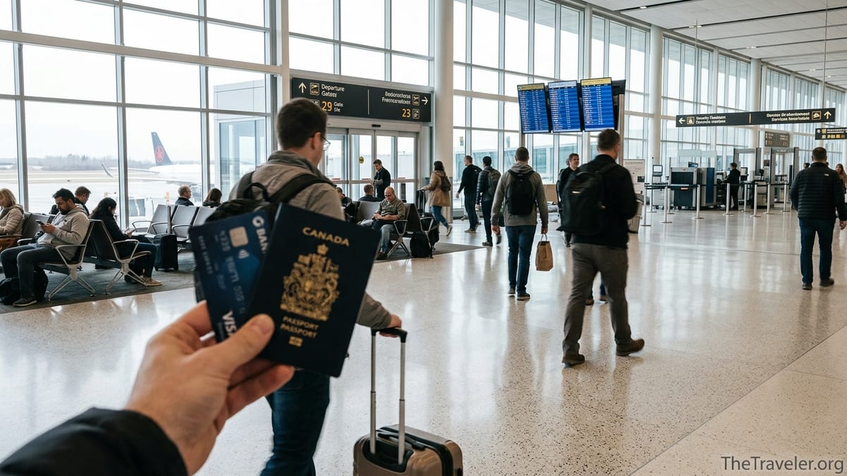 Traveler holding a passport and credit card while walking through a Canadian airport terminal.