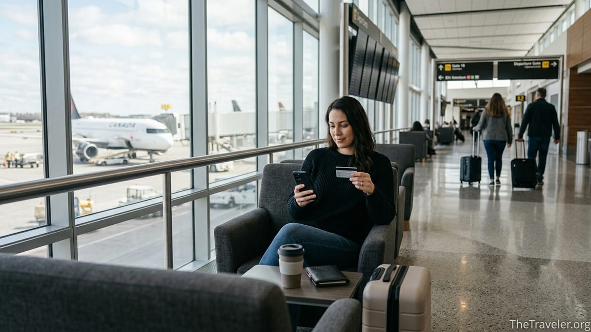 Traveler in an airport lounge holding a credit card and phone near large windows overlooking a plane.
