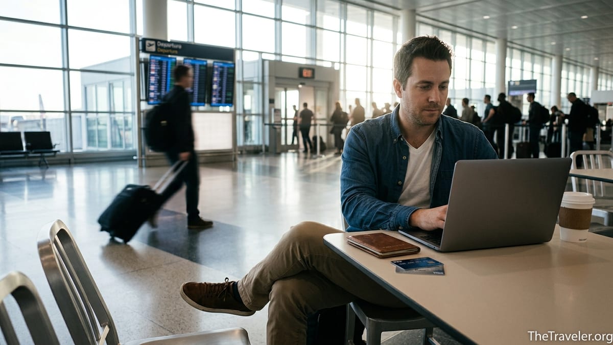 Traveler in an airport terminal comparing two credit cards beside a passport and coffee.