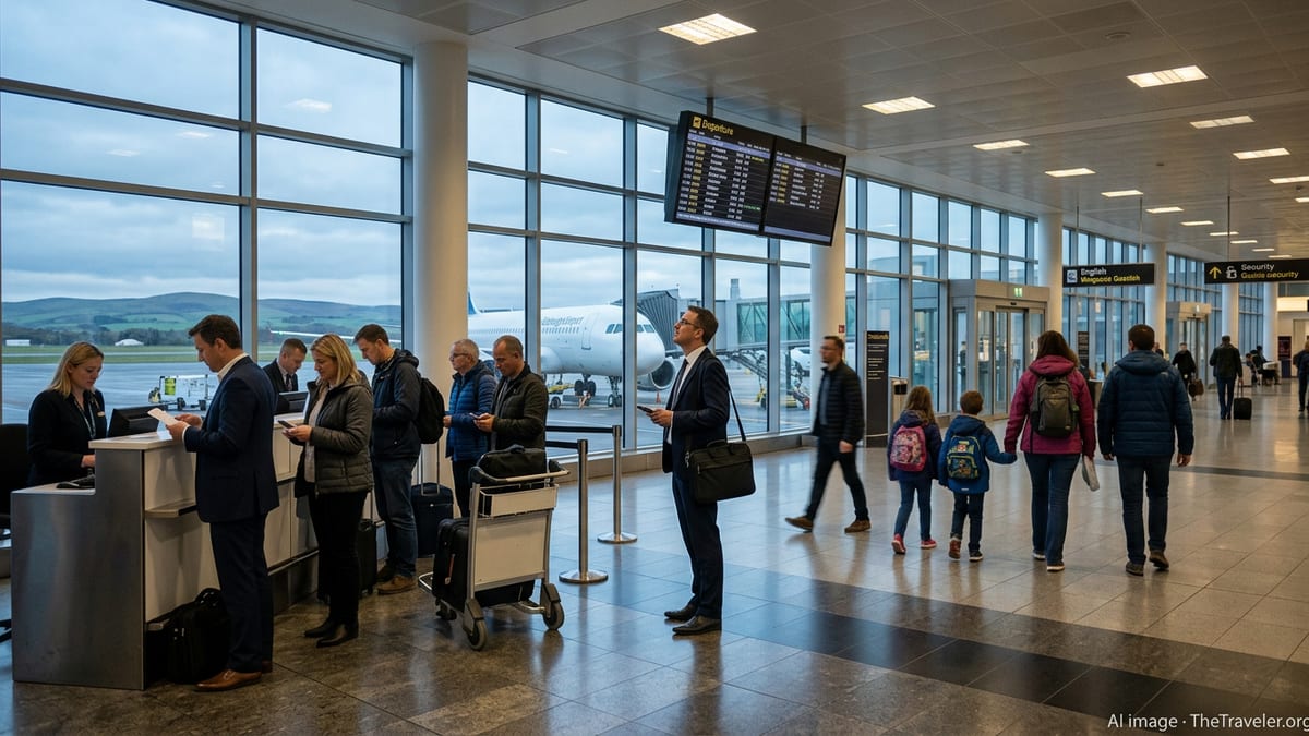 Travellers queue in a modern Scottish airport departure hall with a jet at the gate.