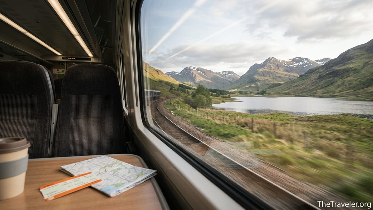 View from a ScotRail carriage window of Scottish Highlands hills, loch and curving track at golden hour.