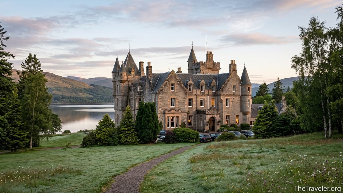 Scottish castle hotel overlooking a calm Highland loch at sunset with glowing windows and surrounding hills.